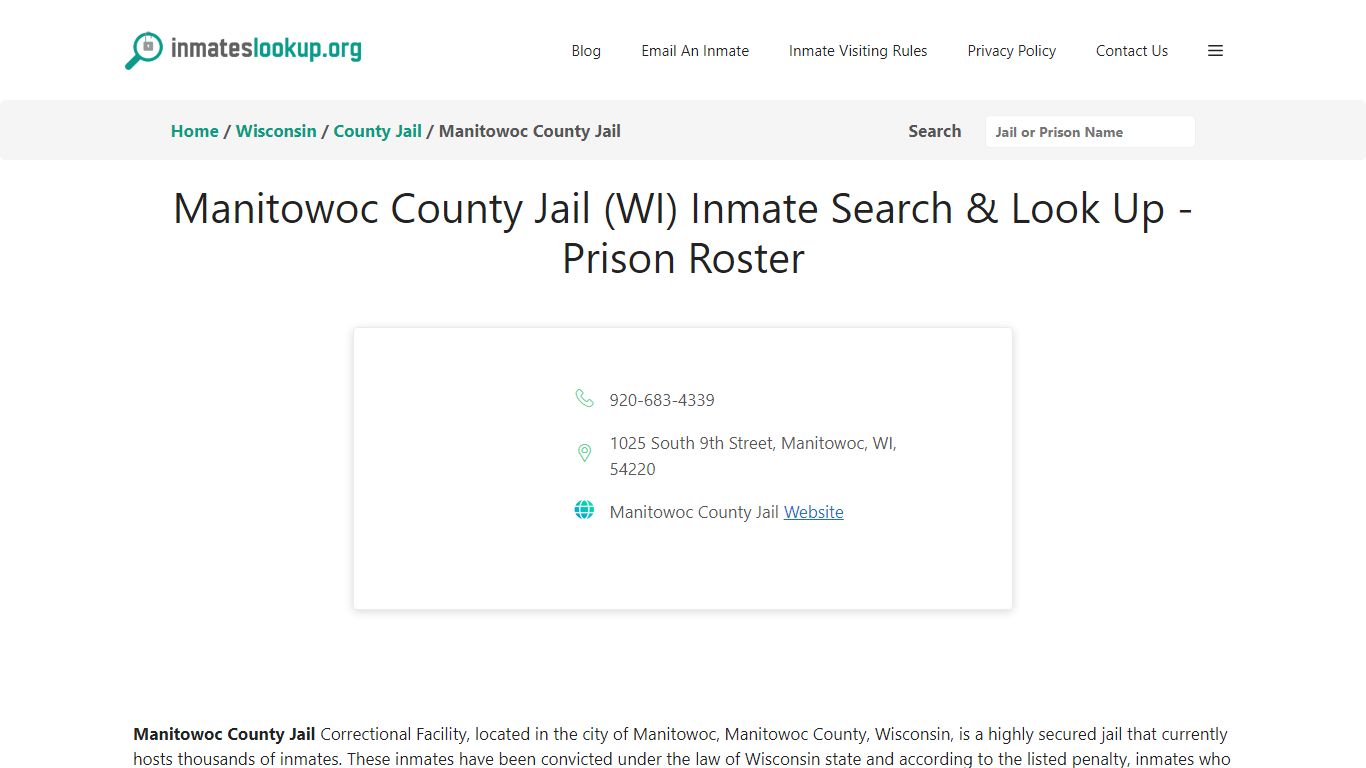Manitowoc County Jail (WI) Inmate Search & Look Up - Prison Roster
